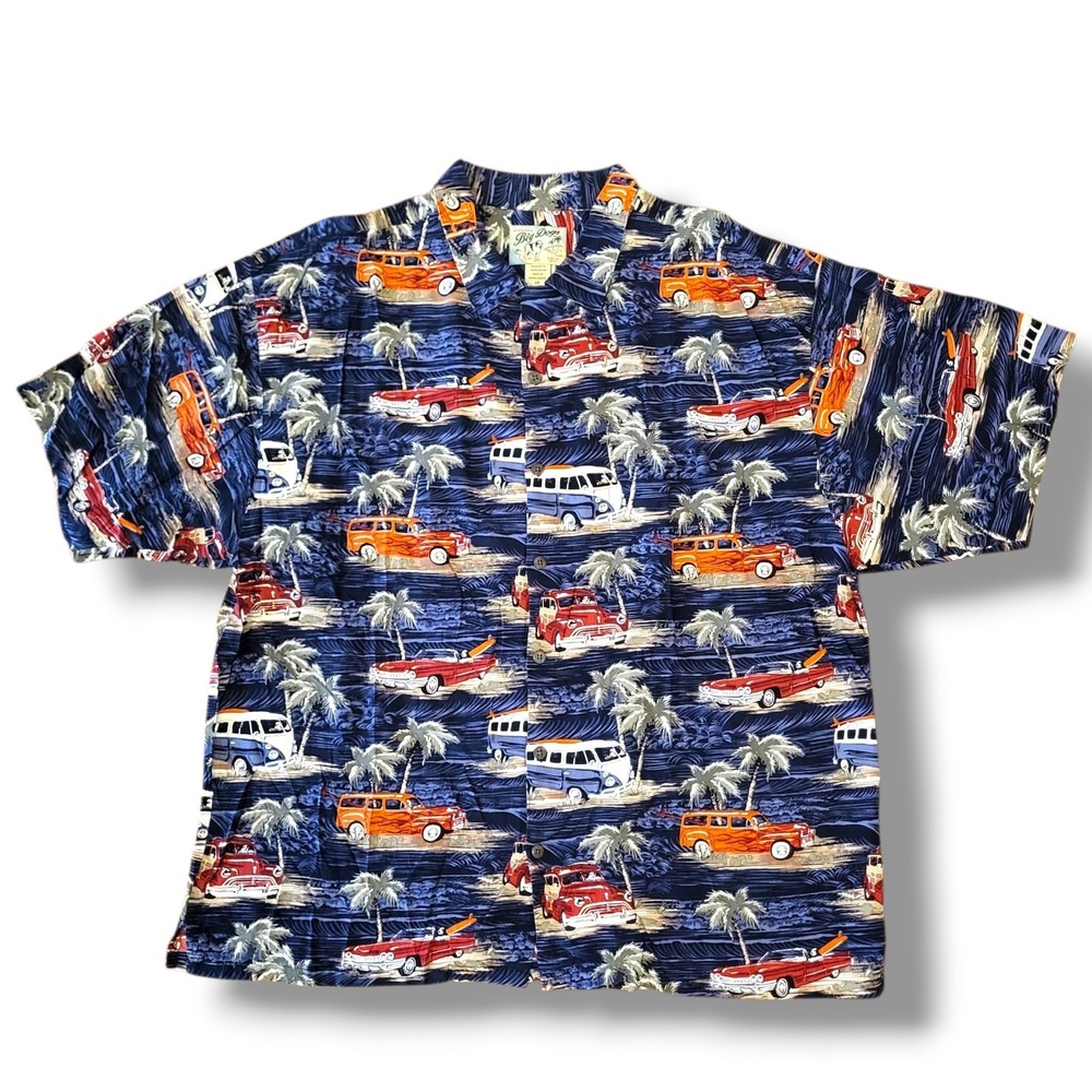 Big Dogs Men's Button-Down Hawaiian Shirt With Vintage Cars And Palmtrees Sz 2XL